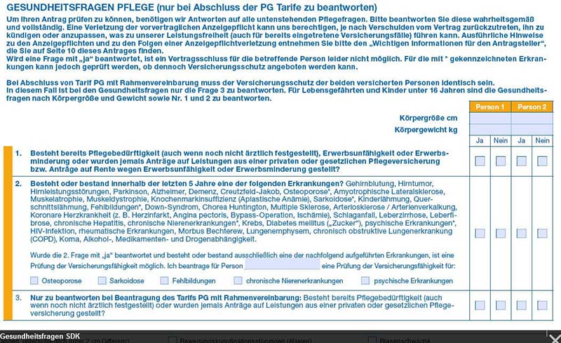 Gesundheitsfragen zur Pflegetagegeldversicherung der SDK